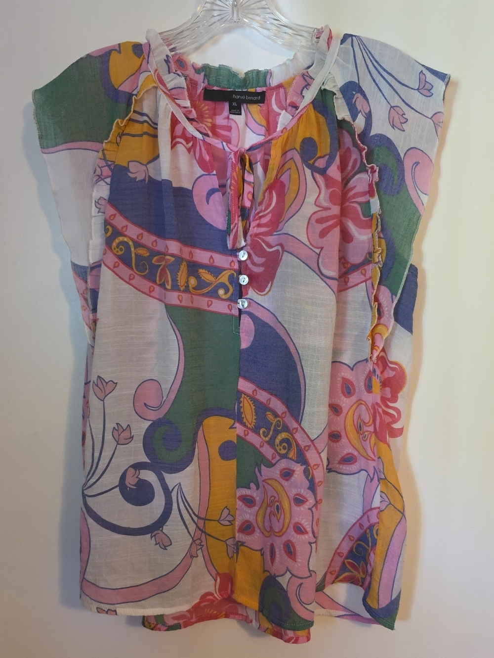 Harve Benard Multi-Color Paisley Tie-Neck Cap Sleeve Top Boho Semi Sheer Euc